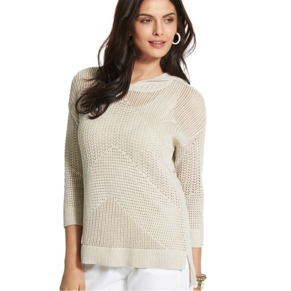 Zenergy Chico's Rosie Pointelle Hooded Open Knit Tan Sweater - Size M